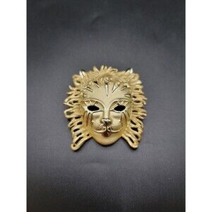 Signed AJC Shiny Matte Gold Tone Cat Feline Mask Brooch Pin 1960’s 1970’s